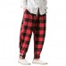 Men Casual Harem Plaid Loose Pants Button Adjustable Ankle Long Joggers Trousers