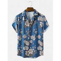 Mens Vintage Flower Print Revere Collar Short Sleeve Shirt