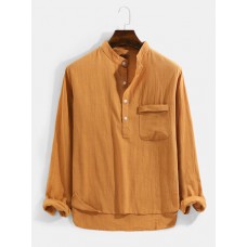 Mens Solid Color Chest Pocket Casual Basic Long Sleeve Henley Shirts