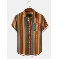 Mens Vintage Striped Geo Print Lapel Holiday Short Sleeve Shirts