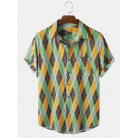 Mens Color Block Contrast Geometric Lapel Short Sleeve Shirt