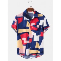 Mens Color Block Contrast Lapel Short Sleeve Shirt