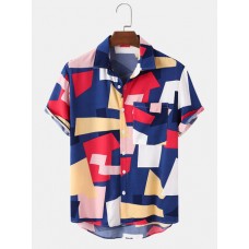 Mens Color Block Contrast Lapel Short Sleeve Shirt