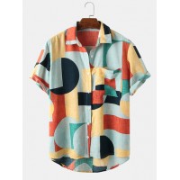 Mens Color Block Contrast Lapel Short Sleeve Shirt