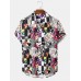 Mens Color Block Contrast Graffiti Lapel Short Sleeve Shirt