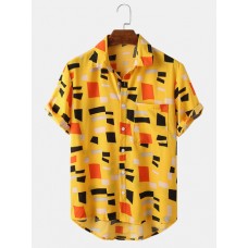 Mens Color Block Contrast Lapel Short Sleeve Shirt