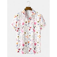 Mens Flower Print Revere Collar Short Sleeve Shirt