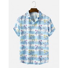 Mens Flower Print Stripe Lapel Short Sleeve Shirt