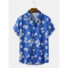 Mens Flower Print Revere Collar Short Sleeve Shirt