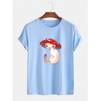 Mens Cartoon Mushroom Cat Print Round Neck Short Sleeve T-Shirts