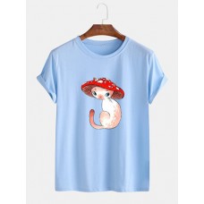 Mens Cartoon Mushroom Cat Print Round Neck Short Sleeve T-Shirts