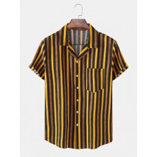 Mens Vertical Striped Holiday Revere Collar Cotton Short Sleeve Shirts