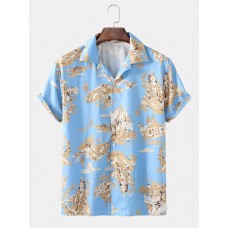 Mens Hawaii Style Landscape Print Revere Collar Short Sleeve Shirts