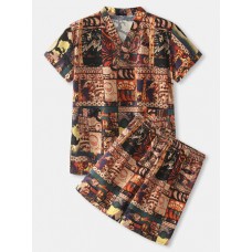 Mens Abstract Print V-Neck Short Sleeve Top Home Pajamas Sauna Sweating Suit