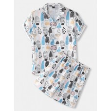 Mens Mushroom Print Thin Lapel Short Sleeve Loose Holiday Beach Loungewear Pajamas Sets