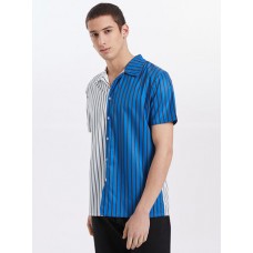 Mens Striped Lapel Patchwork Button Up Short Sleeve Shirts