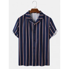 Mens Vertical Striped Revere Collar Button Up Short Sleeve Shirts