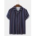 Mens Vertical Striped Revere Collar Button Up Short Sleeve Shirts