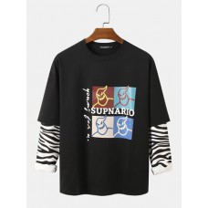 Mens Graphic Print Zebra Patchwork Faux Twinset Long Sleeve T-Shirt