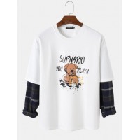 Mens Letter & Cartoon Dog Print Drop Shoulder Patchwork Plaid Sweatshirts