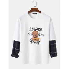 Mens Letter & Cartoon Dog Print Drop Shoulder Patchwork Plaid Sweatshirts