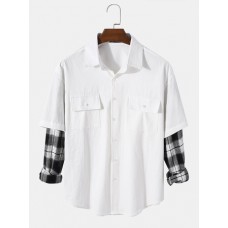 Mens Solid Color Patchwork Plaid Faux Twinset Long Sleeve Shirts With Pocket