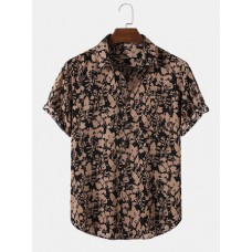 Mens Allover Vintage Floral Print Lapel Short Sleeve Holiday Shirt