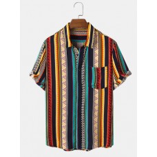 Mens Vintage Striped Print Ethnic Style Short Sleeve Holiday Shirt