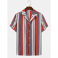 Mens Multicolor Striped Revere Collar Short Sleeve Daily Shirt