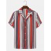 Mens Multicolor Striped Revere Collar Short Sleeve Daily Shirt