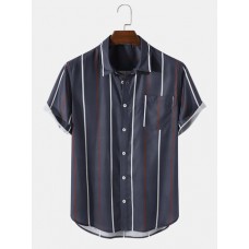 Mens Striped Curved Hem Short Sleeve Shirt With Pocket