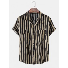 Mens Irregular Striped Revere Collar Cotton Short Sleeve Shirts