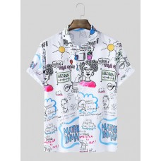 Mens Graffiti Mix Print Lapel Button Up Street Short Sleeve Shirts