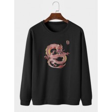 Mens Oriental Dragon Graphic Print Round Neck Pullover Cotton Sweatshirts