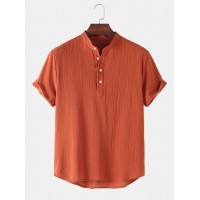 Mens Basic Solid Color Linen Short Sleeve Henley Shirt