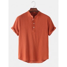 Mens Basic Solid Color Linen Short Sleeve Henley Shirt