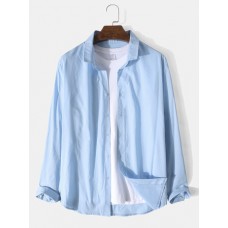 Mens Solid Color Button Up Cotton Linen Basics Long Sleeve Shirts