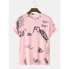 Mens All Over Letter Graffiti Print Street Short Sleeve T-Shirts