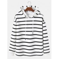 Mens Contrast Horizontal Striped Plain Drawstring Overhead Hoodies