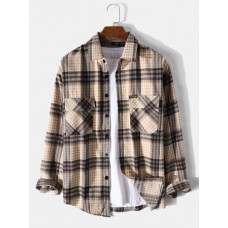 Mens Plaid Print Double Pockets Cotton Lapel Long Sleeve Casual Shirt