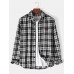 Mens Classical Plaid Print Cotton Button Front Lapel Long Sleeve Shirt