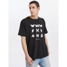 Mens Butterfly Print Short Sleeve Crew Neck Black Preppy T-Shirts