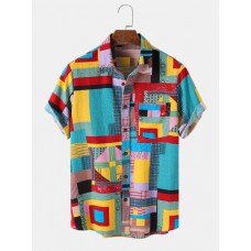 Mens Colorful Ethnic Pattern Print Lapel Short Sleeve Holiday Shirts