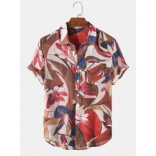 Mens Holiday Floral Plants Print Lapel Casual Short Sleeve Shirts