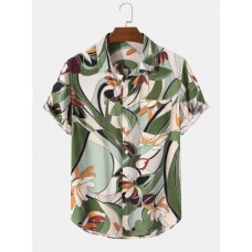 Mens Plants Floral Holiday Print Lapel Short Sleeve Casual Shirts