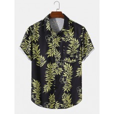 Mens Floral Leaves Print Lapel Short Sleeve Holiday Shirts