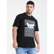 Mens Striped 3D Cat Print Cotton O-Neck Short Sleeve Casual Plus Size T-Shirt