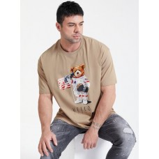 Mens Astronaut Bear Graphic Print Cotton Thin Short Sleeve Plus Size T-Shirt