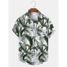 Mens All Over Tropical Plant Leaf Print Lapel Holiday Short Sleeve Shirts