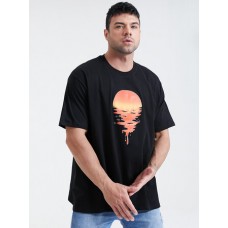 Mens Sunset Graphic Print Cotton O-Neck Short Sleeve Plus Size T-Shirt